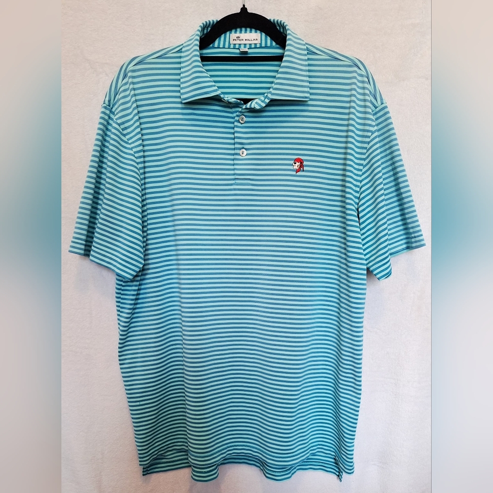 Peter Millar Teal Striped Pirate Logo Polo Shirt - Men's Large